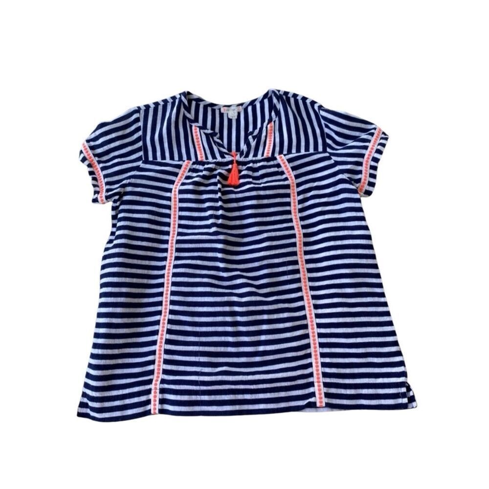 🌴 NEW Sz 14 CrewCuts Blue/White Striped Linen Shirt Orange Tassel & Tape detail
